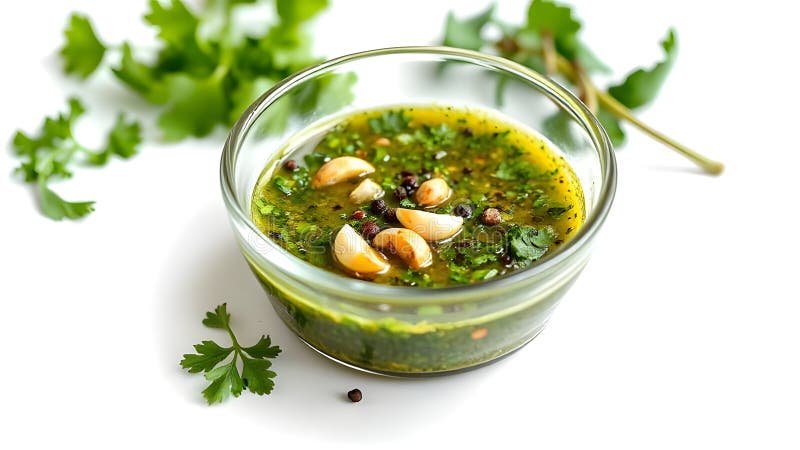 Το Chimichurri βρίσκεται σε γυάλινο μπολ σε λευκό φόντο απεικόνιση αποθεμάτων