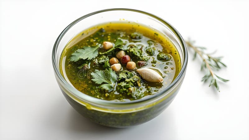Το Chimichurri βρίσκεται σε γυάλινο μπολ σε λευκό φόντο απεικόνιση αποθεμάτων