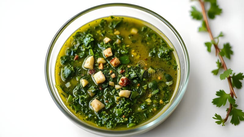 Το Chimichurri βρίσκεται σε γυάλινο μπολ σε λευκό φόντο ελεύθερη απεικόνιση δικαιώματος