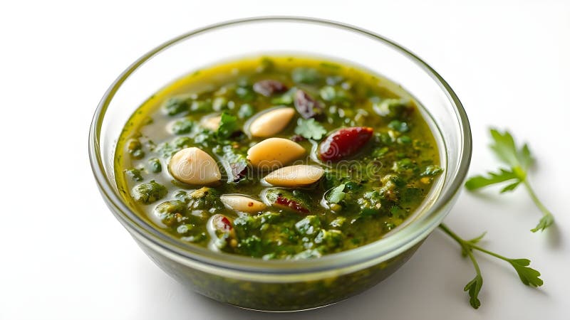 Το Chimichurri βρίσκεται σε γυάλινο μπολ σε λευκό φόντο απεικόνιση αποθεμάτων