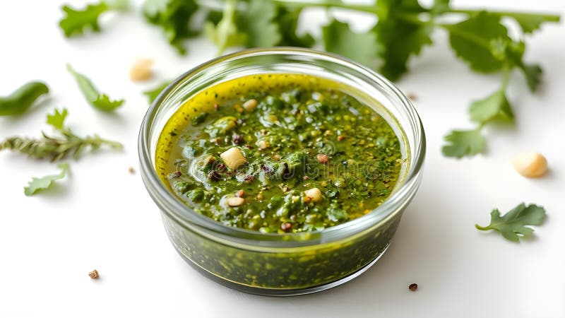 Το Chimichurri βρίσκεται σε γυάλινο μπολ σε λευκό φόντο απεικόνιση αποθεμάτων