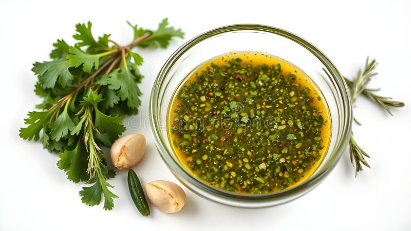 Το Chimichurri βρίσκεται σε γυάλινο μπολ σε λευκό φόντο απεικόνιση αποθεμάτων