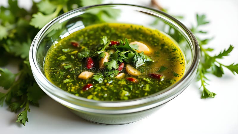 Το Chimichurri βρίσκεται σε γυάλινο μπολ σε λευκό φόντο ελεύθερη απεικόνιση δικαιώματος