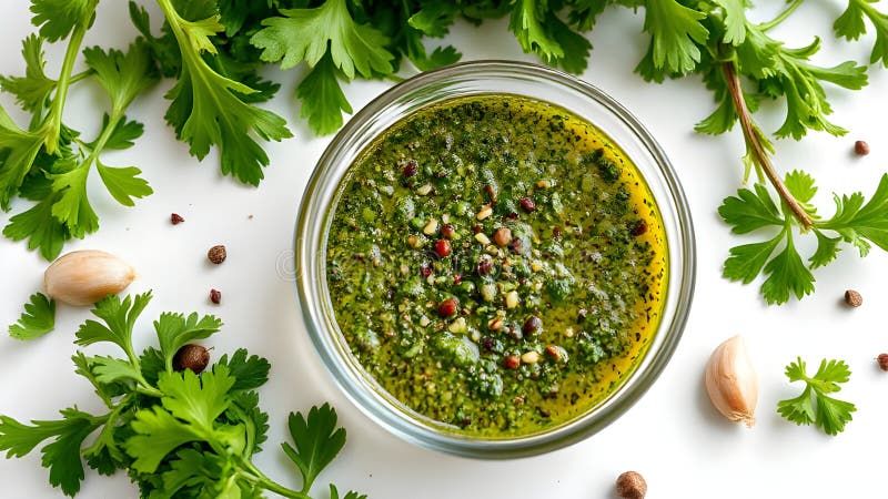Το Chimichurri βρίσκεται σε γυάλινο μπολ σε λευκό φόντο διανυσματική απεικόνιση