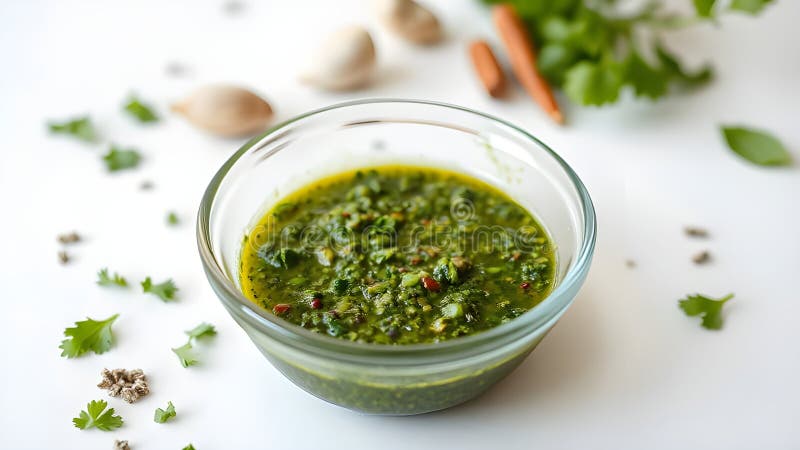 Το Chimichurri βρίσκεται σε γυάλινο μπολ σε λευκό φόντο διανυσματική απεικόνιση