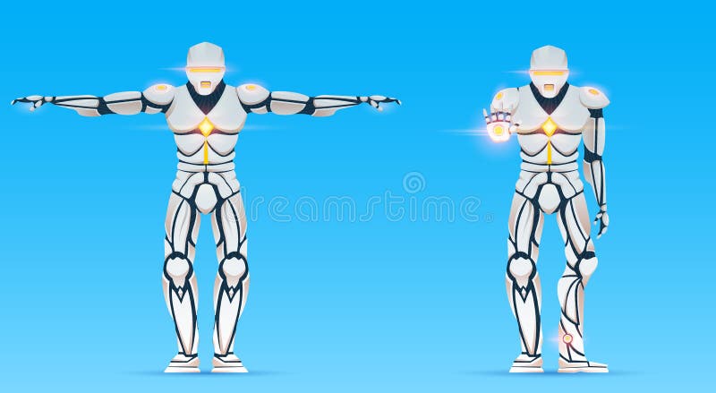 Το Cyborg είναι άτομο με την τεχνητή νοημοσύνη, AI Ο χαρακτήρας ρομπότ Humanoid παρουσιάζει χειρονομίες Μοντέρνο αρρενωπό αρσενικ διανυσματική απεικόνιση Το Cyborg είναι άτομο με την τεχνητή νοημοσύνη, AI Ο χαρακτήρας ρομπότ Humanoid παρουσιάζει χειρονομίες Μοντέρνο αρρενωπό αρσενικ διανυσματική απεικόνιση