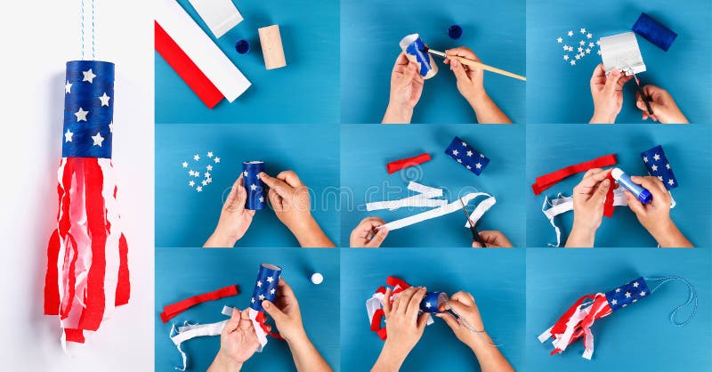 Το Diy windsocks 4ο του μανικιού τουαλετών Ιουλίου crepe η αμερικανική σημαία χρωμάτων εγγράφου, κόκκινο, μπλε, άσπρο r στοκ εικόνες με δικαίωμα ελεύθερης χρήσης Το Diy windsocks 4ο του μανικιού τουαλετών Ιουλίου crepe η αμερικανική σημαία χρωμάτων εγγράφου, κόκκινο, μπλε, άσπρο r στοκ εικόνες με δικαίωμα ελεύθερης χρήσης