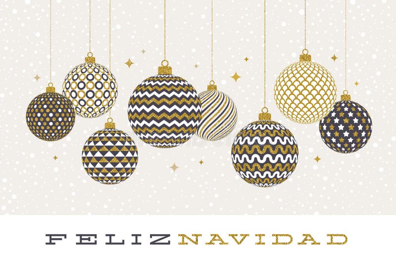 Το Feliz navidad - χαιρετισμοί Χριστουγέννων στα ισπανικά - διαμόρφωσε τα χρυσά μπιχλιμπίδια σε ένα άσπρο υπόβαθρο διανυσματική απεικόνιση Το Feliz navidad - χαιρετισμοί Χριστουγέννων στα ισπανικά - διαμόρφωσε τα χρυσά μπιχλιμπίδια σε ένα άσπρο υπόβαθρο διανυσματική απεικόνιση