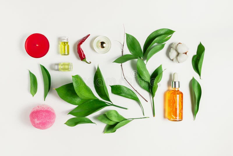 Το Flatlay του ορού, άρωμα, βόμβα λουτρών, ουσιαστικά πετρέλαια με το ruscus φεύγει στοκ φωτογραφία με δικαίωμα ελεύθερης χρήσης Το Flatlay του ορού, άρωμα, βόμβα λουτρών, ουσιαστικά πετρέλαια με το ruscus φεύγει στοκ φωτογραφία με δικαίωμα ελεύθερης χρήσης