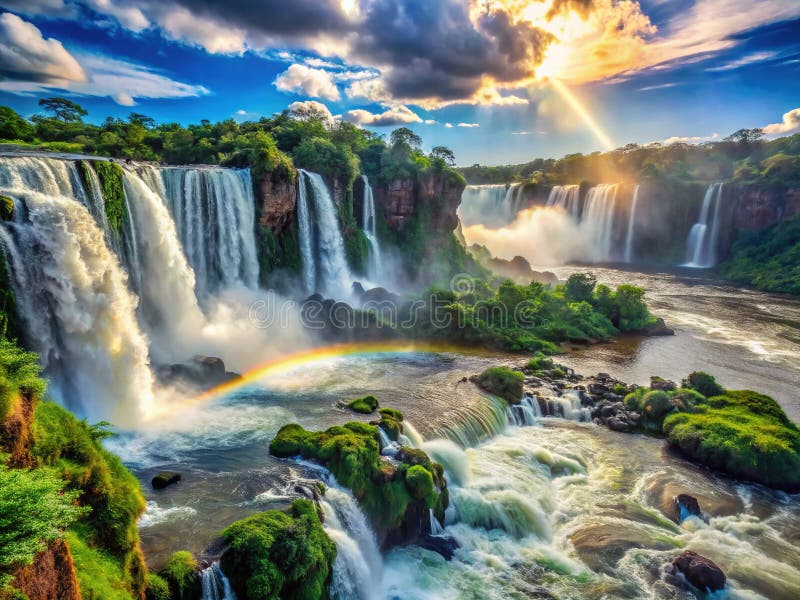 Το Iguazu Καταρρέει μια συναρπαστική πανοραμική θέα των μεγαλοπρεπών Βραζιλιάνων και Αργεντινών καταρρακτών, μια παγκόσμια κληρονο διανυσματική απεικόνιση