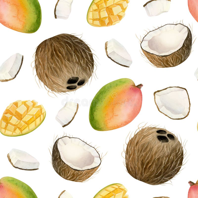 Το Mango επιχρίζεται το σχέδιο χωρίς ραφή χρώματος λευκού χρώματος με ρεαλιστικά ολόκληρα φρούτα και φέτες. Επανάληψη σχεδίασης με στοκ εικόνες