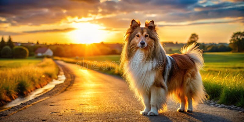 Το Shetland Sheepdog αγκαλιάζει τη χρυσή ώρα σε έναν επαρχιακό δρόμο της γαλήνης αιχμαλωτίζοντας την ειρηνική ομορφιά του διανυσματική απεικόνιση