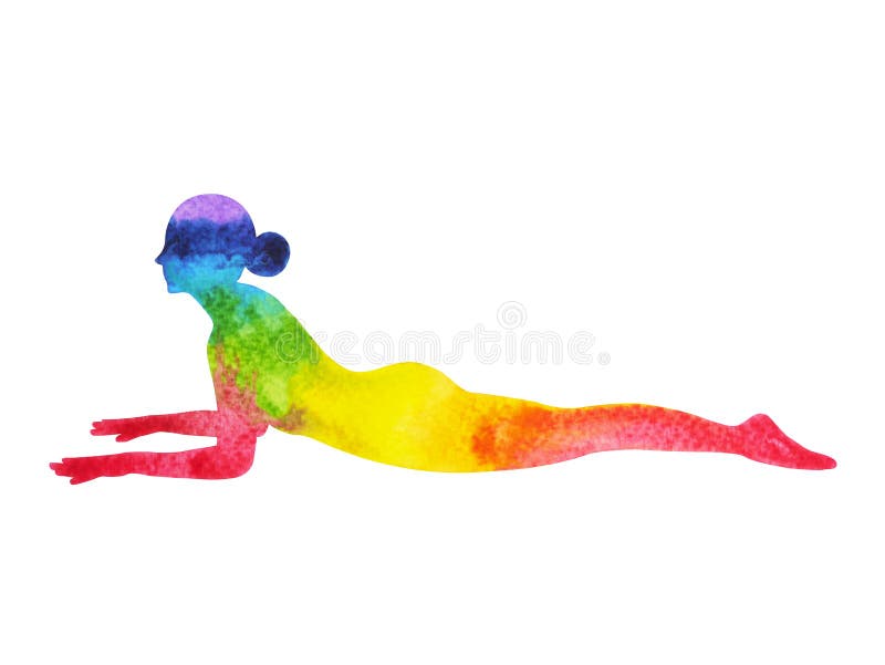 Sphinx Pose Yoga, 7 color chakra watercolor painting pattern, hand drawn illustration design, Salamba Bhujangasana. Sphinx Pose Yoga, 7 color chakra watercolor painting pattern, hand drawn illustration design, Salamba Bhujangasana