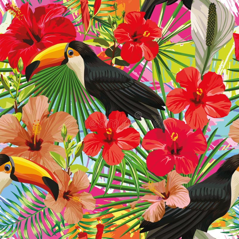 Το Toucan αφήνει και ανθίζει το άνευ ραφής σχέδιο ζωηρόχρωμο ετερόκλητο backg ελεύθερη απεικόνιση δικαιώματος Το Toucan αφήνει και ανθίζει το άνευ ραφής σχέδιο ζωηρόχρωμο ετερόκλητο backg ελεύθερη απεικόνιση δικαιώματος