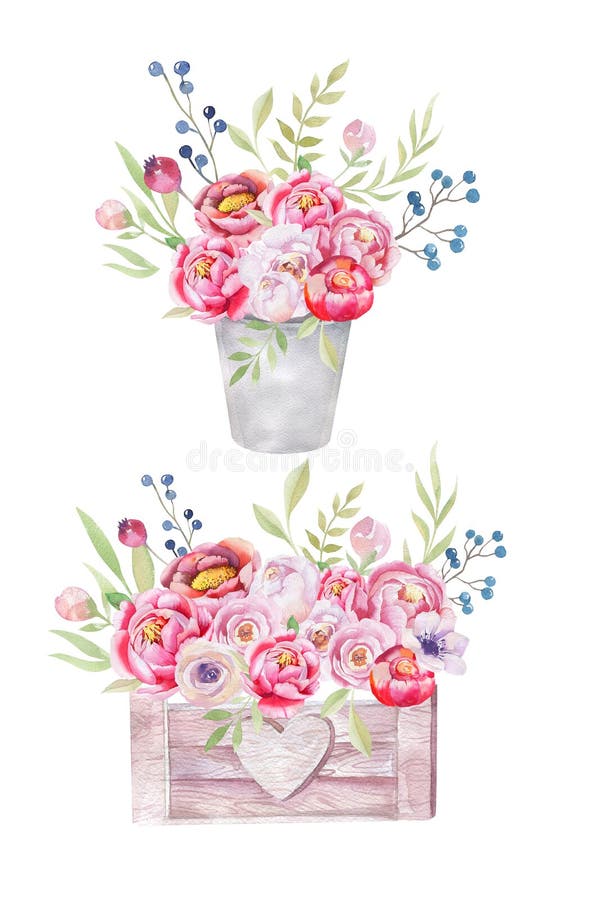 Το Watercolor ανθίζει το ξύλινο κιβώτιο Hand-drawn κομψός εκλεκτής ποιότητας κήπος RU στοκ φωτογραφίες με δικαίωμα ελεύθερης χρήσης