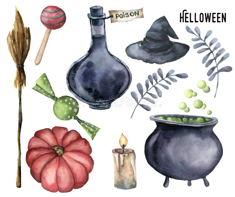 Το Watercolor το σύνολο Το χέρι χρωμάτισε το μπουκάλι του δηλητήριου, καζάνι με τη φίλτρο, σκούπα, κερί, καραμέλες, κολοκύθα, μάγ ελεύθερη απεικόνιση δικαιώματος Το Watercolor το σύνολο Το χέρι χρωμάτισε το μπουκάλι του δηλητήριου, καζάνι με τη φίλτρο, σκούπα, κερί, καραμέλες, κολοκύθα, μάγ ελεύθερη απεικόνιση δικαιώματος