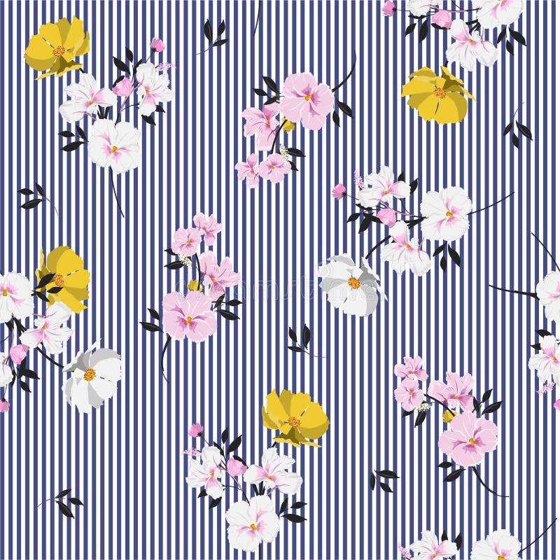 Seamless pattern beautiful full of blooming flowers and leaves bright mood on navy blue stripe Design for fashoin fabric ,wallpaper book , card and etc. Seamless pattern beautiful full of blooming flowers and leaves bright mood on navy blue stripe Design for fashoin fabric ,wallpaper book , card and etc