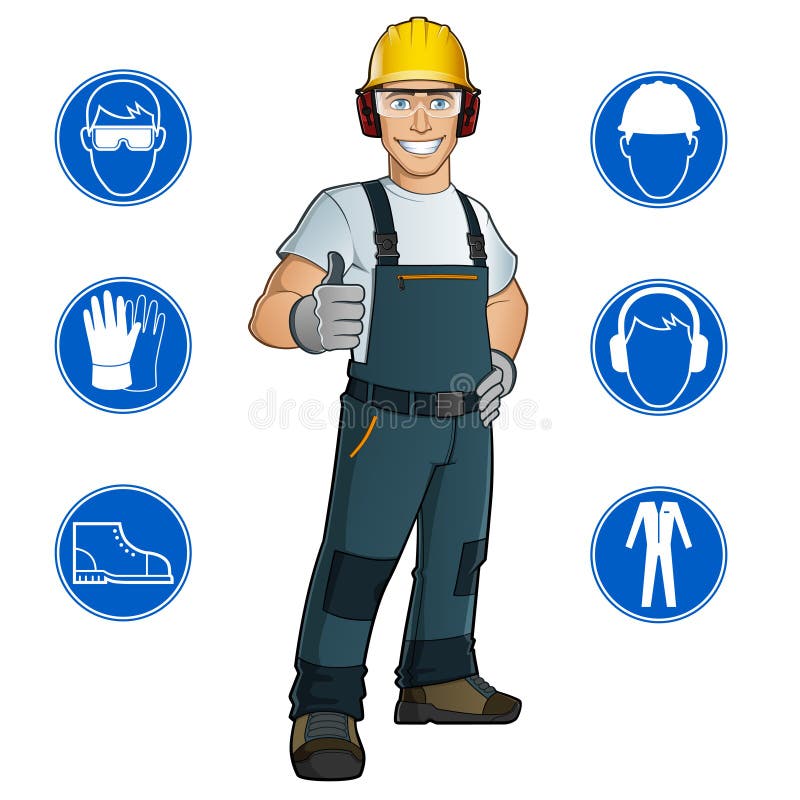 Man dressed in work clothes, with helmet, goggles, gloves, and Safety at work signs. Man dressed in work clothes, with helmet, goggles, gloves, and Safety at work signs