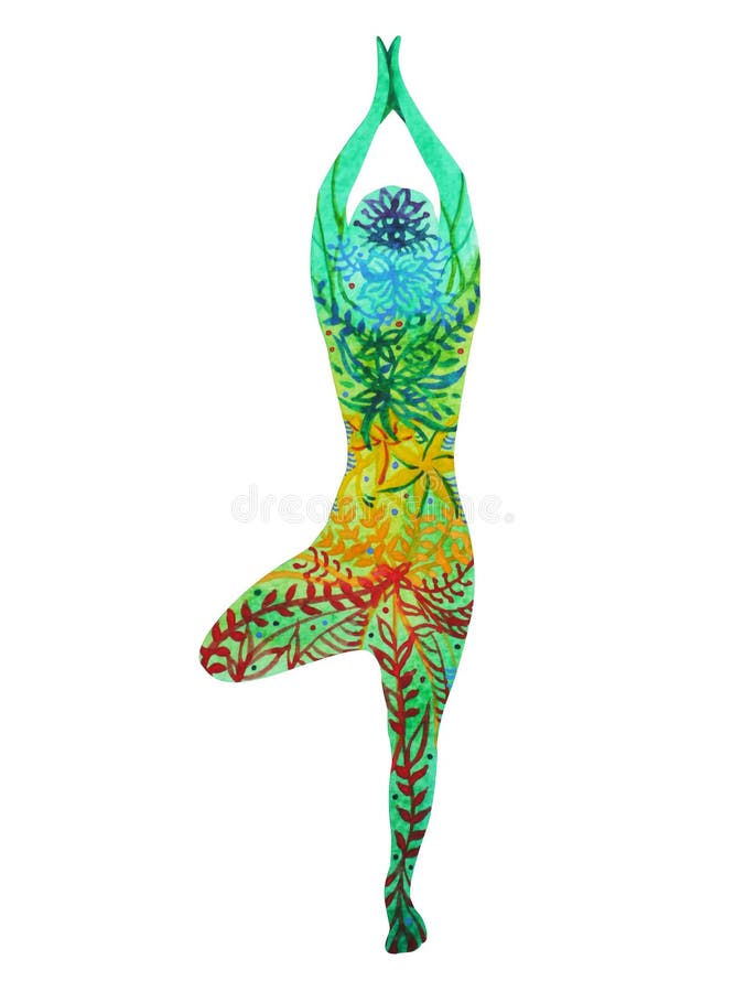 Tree Pose Yoga, 7 color chakra watercolor flower floral pattern painting hand drawn illustration design Vriksasana. Tree Pose Yoga, 7 color chakra watercolor flower floral pattern painting hand drawn illustration design Vriksasana