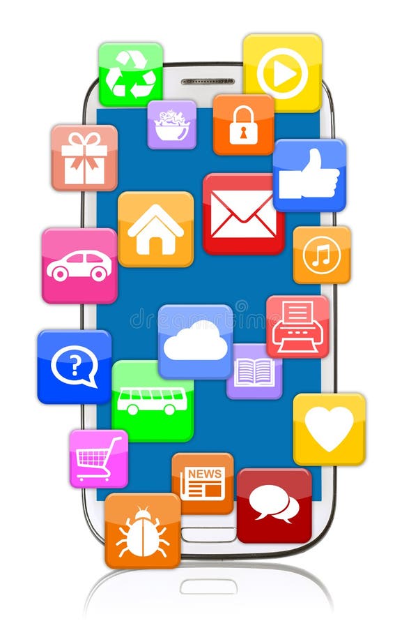 Το έξυπνο τηλέφωνο κινητό με την εφαρμογή apps app μεταφορτώνει για τον οικότροφο διανυσματική απεικόνιση Το έξυπνο τηλέφωνο κινητό με την εφαρμογή apps app μεταφορτώνει για τον οικότροφο διανυσματική απεικόνιση