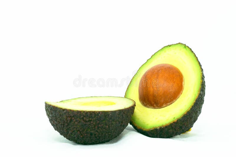 Cut ripe Avocado, on it's side, isolated white background. Cut ripe Avocado, on it's side, isolated white background