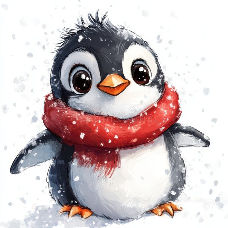Το αγαπημένο Penguin Red Scarf Χειμερινό Χιόνι απομονωμένο σε λευκό φόντο απεικόνιση αποθεμάτων