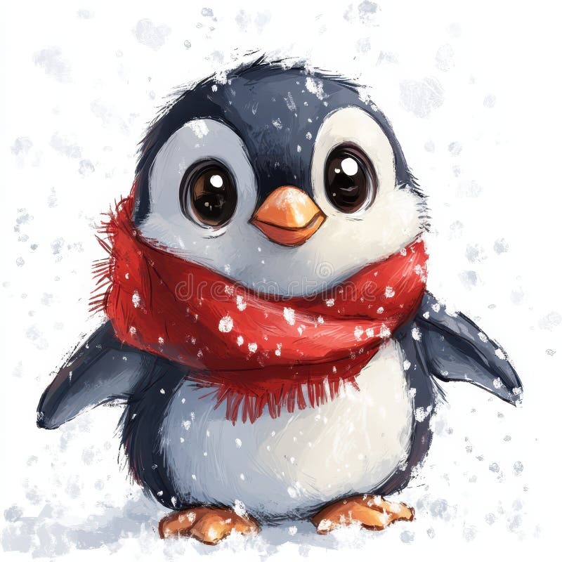 Το αγαπημένο Penguin Red Scarf Χειμερινό Χιόνι απομονωμένο σε λευκό φόντο διανυσματική απεικόνιση