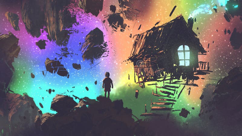 Night scenery of the boy and a house in a strange place, digital art style, illustration painting. Night scenery of the boy and a house in a strange place, digital art style, illustration painting