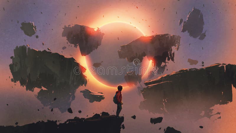 Boy standing on the edge of the cliff looking at eclipse and rocks floating in the sky, digital art style, illustration painting. Boy standing on the edge of the cliff looking at eclipse and rocks floating in the sky, digital art style, illustration painting