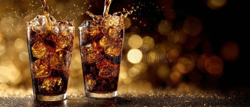 Το αναζωογονητικό cola ξεπροβάλλει σε δύο ποτήρια έναντι μιας εικόνας που παράγεται από AI σε αφρώδες φόντο στοκ εικόνα