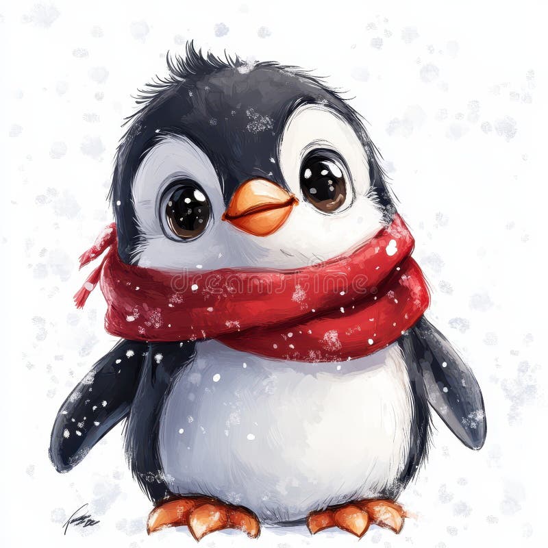 Το αξιολάτρευτο Penguin Red Scarf Χειμερινό χιόνι απομονωμένο σε λευκό φόντο ελεύθερη απεικόνιση δικαιώματος