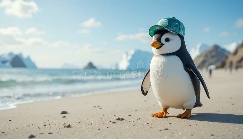 Το αξιολάτρευτο Penguin σε ένα καπέλο με μοτίβα σε μια ηλιόλουστη παραλία με παγόβουνα απεικόνιση αποθεμάτων