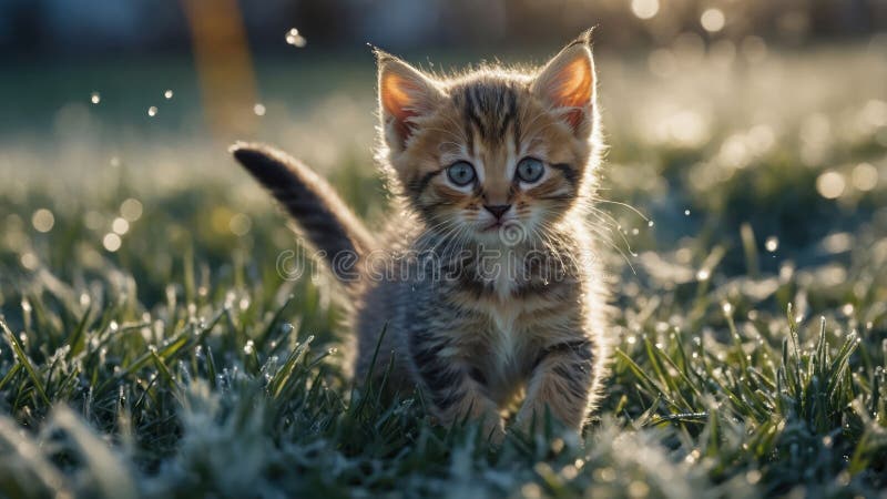 Το αξιολάτρευτο γατάκι παίζει στο Frosty First Grass ελεύθερη απεικόνιση δικαιώματος