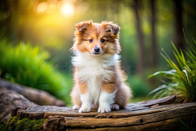Το αξιολάτρευτο σκυλάκι Shetland Sheepdog ποζάρει σε ένα ροστικ κορμό ένα γοητευτικό πορτρέτο σε εξωτερικό χώρο ελεύθερη απεικόνιση δικαιώματος