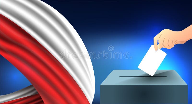 Το αρσενικό χέρι καταγράφει ένα άσπρο φύλλο του εγγράφου με ένα σημάδι ως σύμβολο ενός ψηφοδελτίου στα πλαίσια της σημαίας της Πο απεικόνιση αποθεμάτων Το αρσενικό χέρι καταγράφει ένα άσπρο φύλλο του εγγράφου με ένα σημάδι ως σύμβολο ενός ψηφοδελτίου στα πλαίσια της σημαίας της Πο απεικόνιση αποθεμάτων