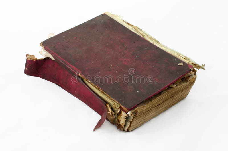 Fragmented old worn book with red cover. White isolated. Fragmented old worn book with red cover. White isolated