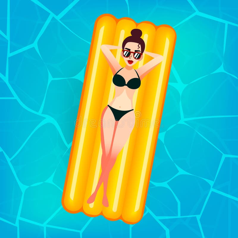 Cartoon sweet girl in sun glasses is floating on an inflatable mattress in the pool at private villa. Young woman enjoying suntan. Flat lady in bikini on the pink air mattress. Vacation or summer holidays concept. Cartoon sweet girl in sun glasses is floating on an inflatable mattress in the pool at private villa. Young woman enjoying suntan. Flat lady in bikini on the pink air mattress. Vacation or summer holidays concept