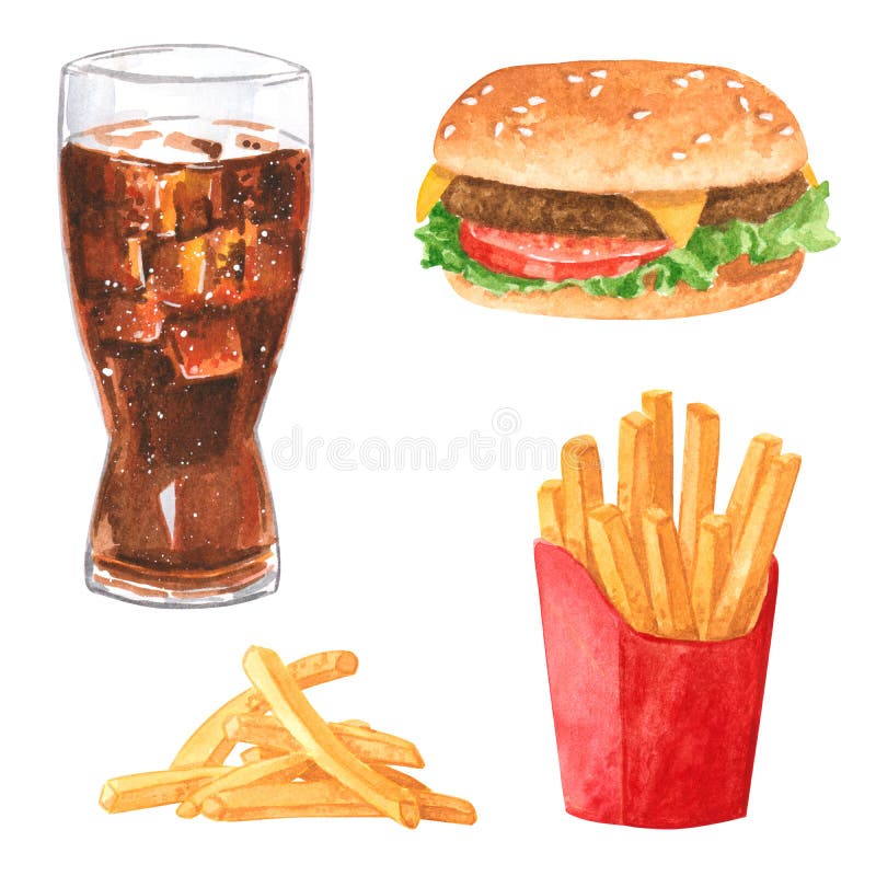 Το γρήγορο γεύμα clipart έθεσε, κόλα, χάμπουργκερ, τηγανιτές πατάτες, συρμένο χέρι watercolo απεικόνιση αποθεμάτων