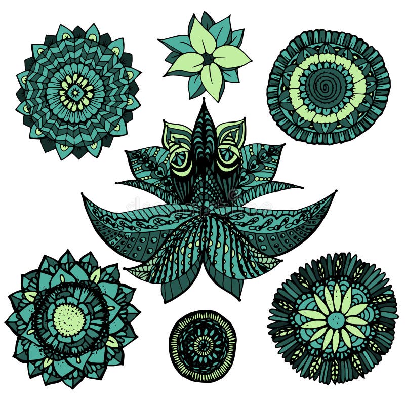 Το διανυσματικό δικτυωτό mandala απεικόνισης zentangle doodles έθεσε στα μπλε και πράσινα χρώματα με τα λουλούδια που απομονώθηκα διανυσματική απεικόνιση Το διανυσματικό δικτυωτό mandala απεικόνισης zentangle doodles έθεσε στα μπλε και πράσινα χρώματα με τα λουλούδια που απομονώθηκα διανυσματική απεικόνιση