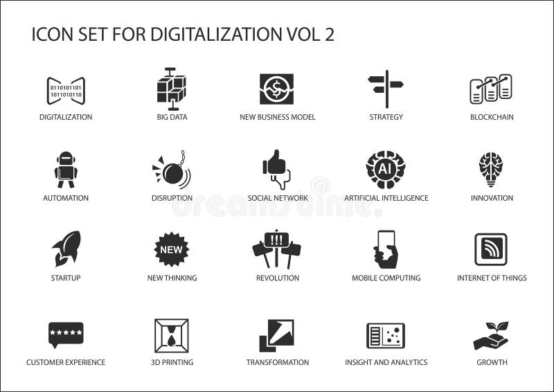 Digitalization icon set for topics like big data, business models, 3D printing, disruption, artificial intelligence, internet of things. Digitalization icon set for topics like big data, business models, 3D printing, disruption, artificial intelligence, internet of things.