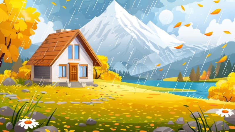 The cottage appears to be in the rain at a natural landscape background, with peaks, lakes and yellow autumn fields. The house has a wooden roof and is in the rain, as a villager hut. Modern. AI generated. The cottage appears to be in the rain at a natural landscape background, with peaks, lakes and yellow autumn fields. The house has a wooden roof and is in the rain, as a villager hut. Modern. AI generated