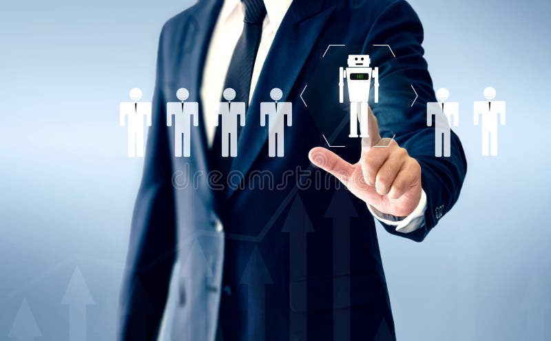 Το επιτυχές εικονικό ρομπότ AI αφής χεριών επιχειρηματιών αντιπροσωπεύει ένα υποκατάστατο της ανθρώπινης εργασίας στοκ εικόνα Το επιτυχές εικονικό ρομπότ AI αφής χεριών επιχειρηματιών αντιπροσωπεύει ένα υποκατάστατο της ανθρώπινης εργασίας στοκ εικόνα