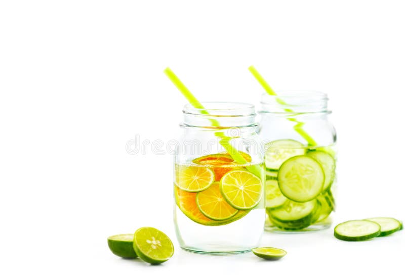 Colorful and bright style, Infused detox water, Detox diet lemon and cucumber on white background, blank text. Colorful and bright style, Infused detox water, Detox diet lemon and cucumber on white background, blank text