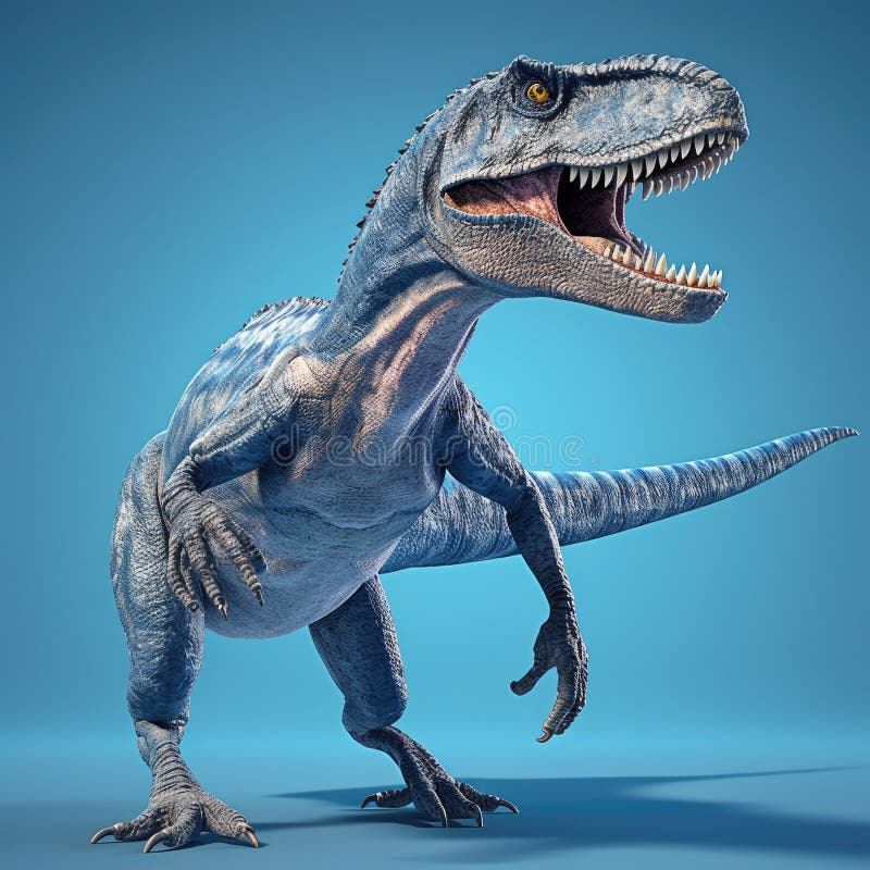 το ζωντανό μοντέλο tyrannosaurus rex στέκεται στο μπλε φόντο. ο δεινόσαυρος έχει ανοιχτό το στόμα του και εμφανίζεται απεικόνιση αποθεμάτων