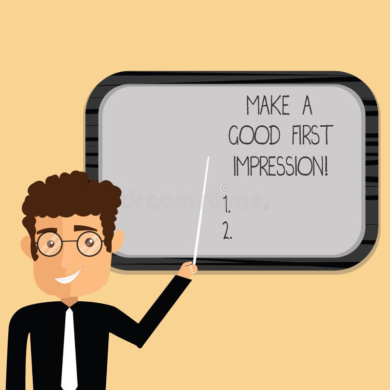 Word writing text Make A Good First Impression. Business concept for Introduce yourself in a great look and mood Man Standing Holding Stick Pointing to Wall Mounted Blank Color Board. Word writing text Make A Good First Impression. Business concept for Introduce yourself in a great look and mood Man Standing Holding Stick Pointing to Wall Mounted Blank Color Board