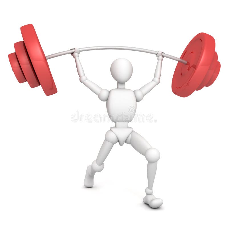 White 3d man raised a heavy red barbell 3d. White 3d man raised a heavy red barbell 3d