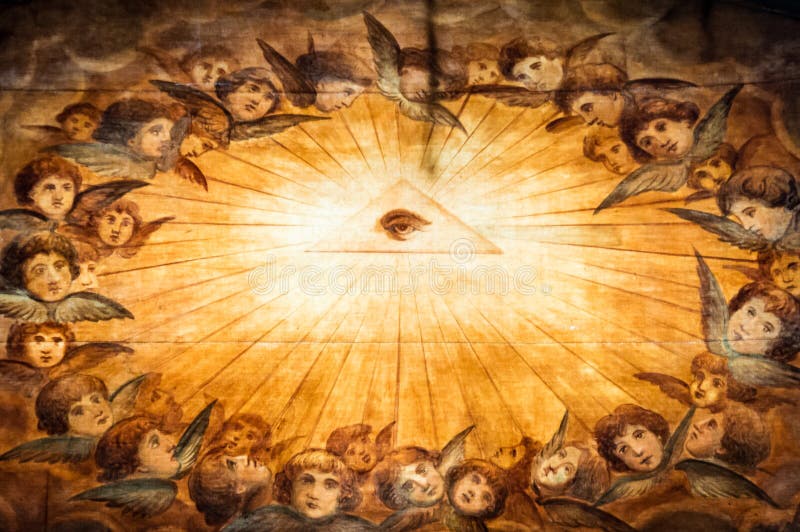 Close up view of the eye of providence, or all-seeing eye of god, symbol surrounded by angels that can be seen in some European churches. Eye can be seen in 1 US dollar bills. Close up view of the eye of providence, or all-seeing eye of god, symbol surrounded by angels that can be seen in some European churches. Eye can be seen in 1 US dollar bills
