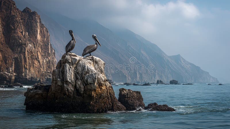 Το μεγάλο πτηνό στο Ocean Rock με φόντο τη θάλασσα. Ένα μεγάλο πουλί στηρίζεται σε έναν βράχο που περιβάλλεται από κύματα ωκεανού δημιουργώντας μια γαλήνια παράκτια σκηνή. Τεχνητή νοημοσύνη