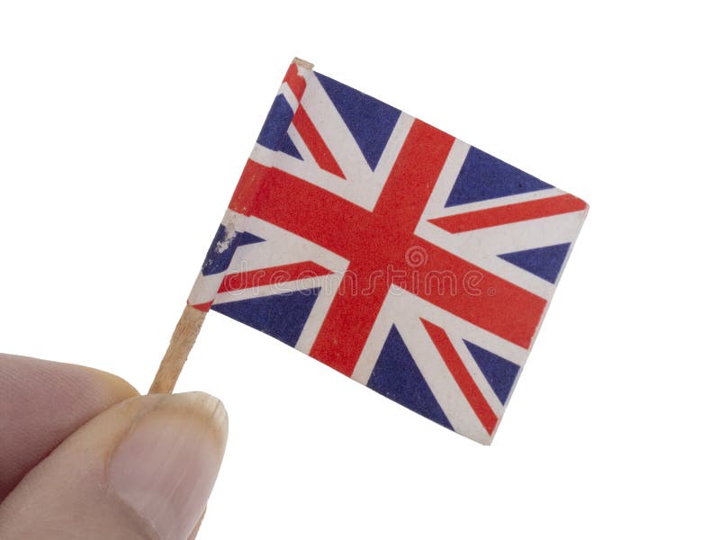 Το μικροσκοπικό, χτυπημένο και χαλασμένο Union Jack, Ηνωμένη σημαία στα δάχτυλα, απομονώνω στο άσπρο υπόβαθρο στοκ εικόνα Το μικροσκοπικό, χτυπημένο και χαλασμένο Union Jack, Ηνωμένη σημαία στα δάχτυλα, απομονώνω στο άσπρο υπόβαθρο στοκ εικόνα