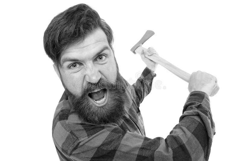 Το μισώ Τρελός με τσεκούρι απομονωμένος σε λευκό Βάναυσο ξύλινο γρασίδι με τρελή εμφάνιση Ο γενειοφόρος χίπστερ με τρελή διάθεση στοκ εικόνες